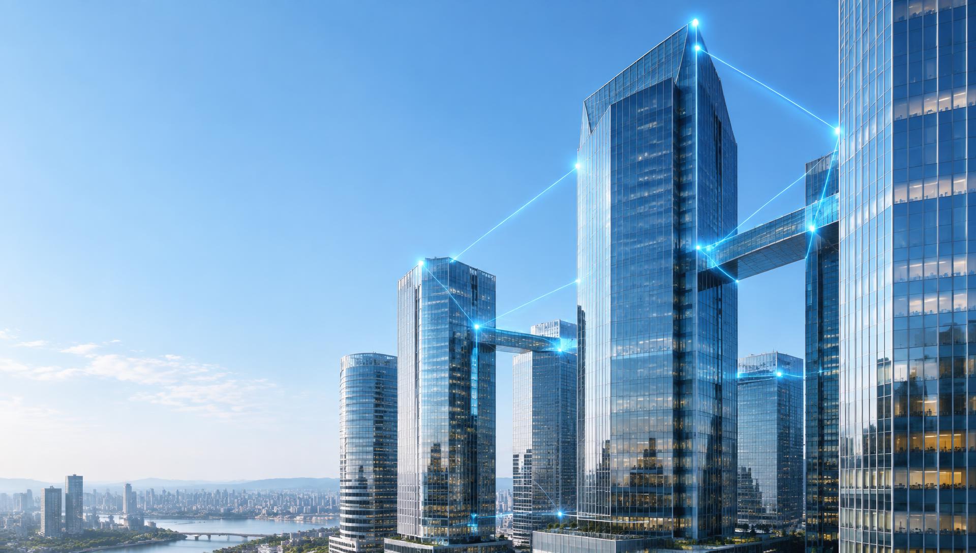 Modern glass towers linked by glowing blue network connections